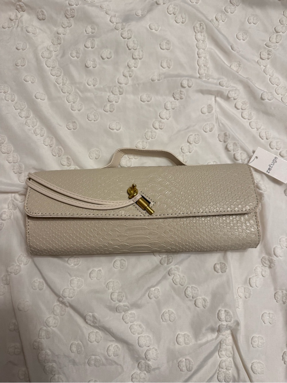 Brand New Cream Textured Roll-Top Clutch with Gold Accent